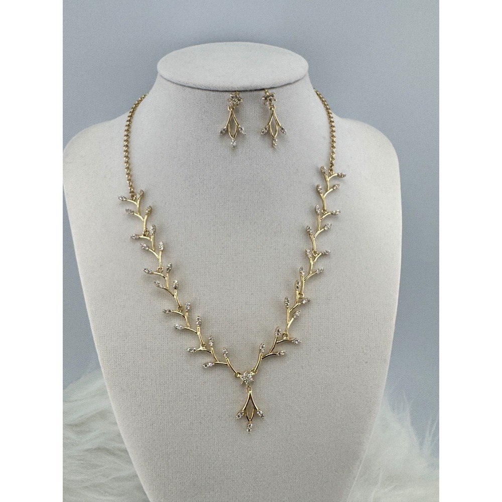 Gold Plated Vine Crystal Necklace and Earrings Set Bridal Floral Jewelry